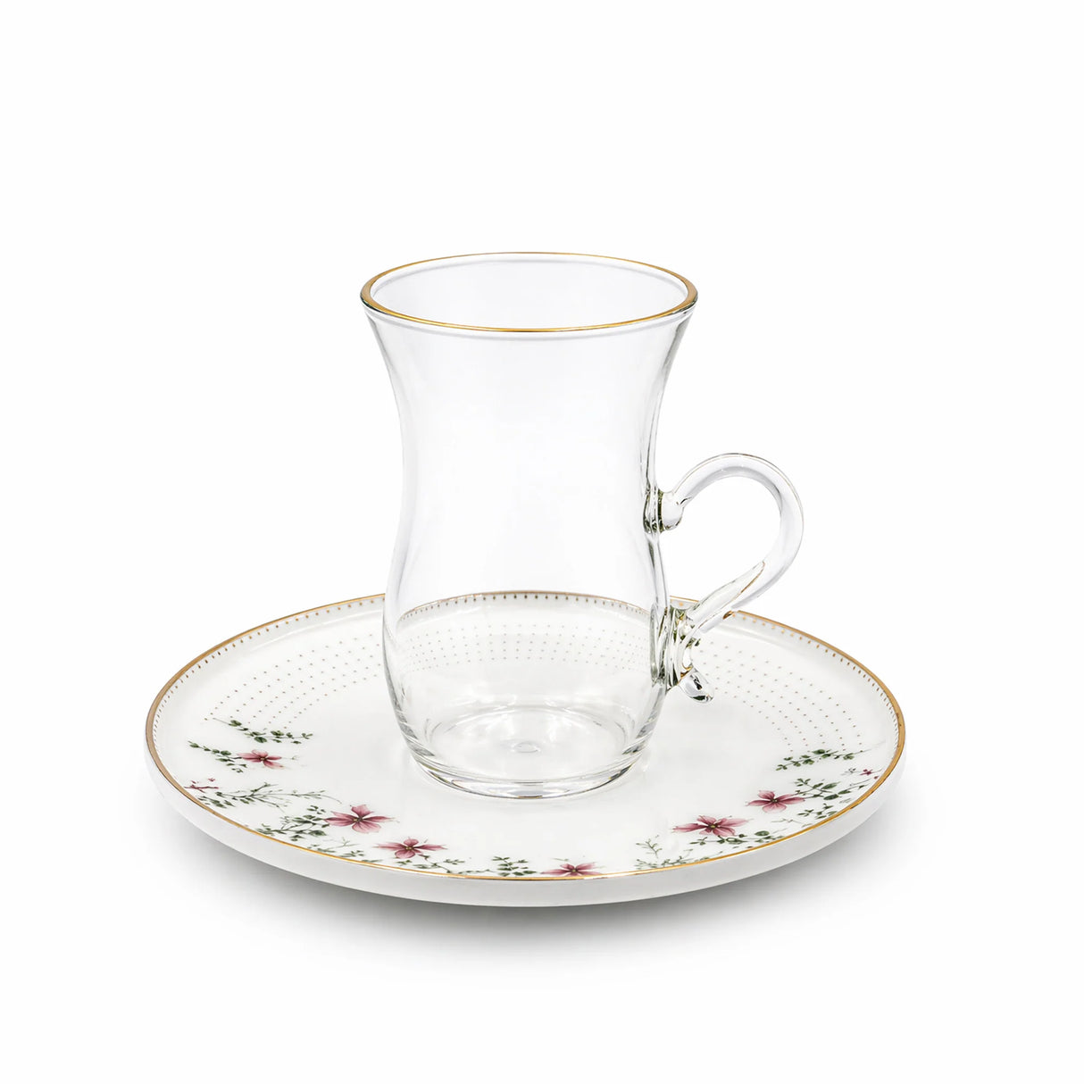 ABL GP-154 Glass Tea Cup & Saucer Set – 12 Pieces – Clear Glass with Gold Rim & Floral Saucer Elegant Tea Set
