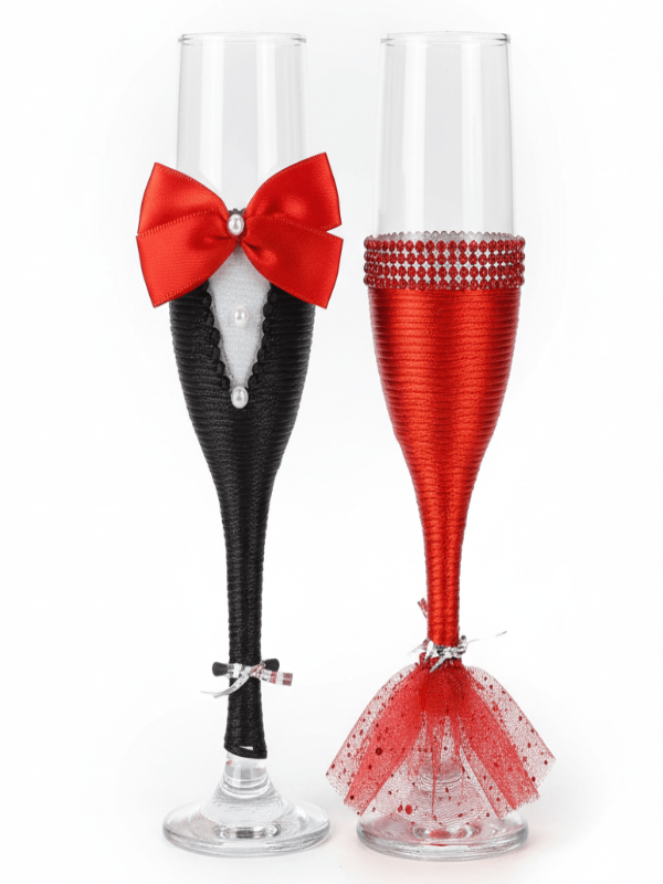 AKDC Wedding Bride & Groom Champagne Flute Glass Set of 2 – Black & Red Design - Al Kabayel Discount CentreAKDC Wedding Bride & Groom Champagne Flute Glass Set of 2 – Black & Red DesignWine GlassesAKDCAl Kabayel Discount Centre
