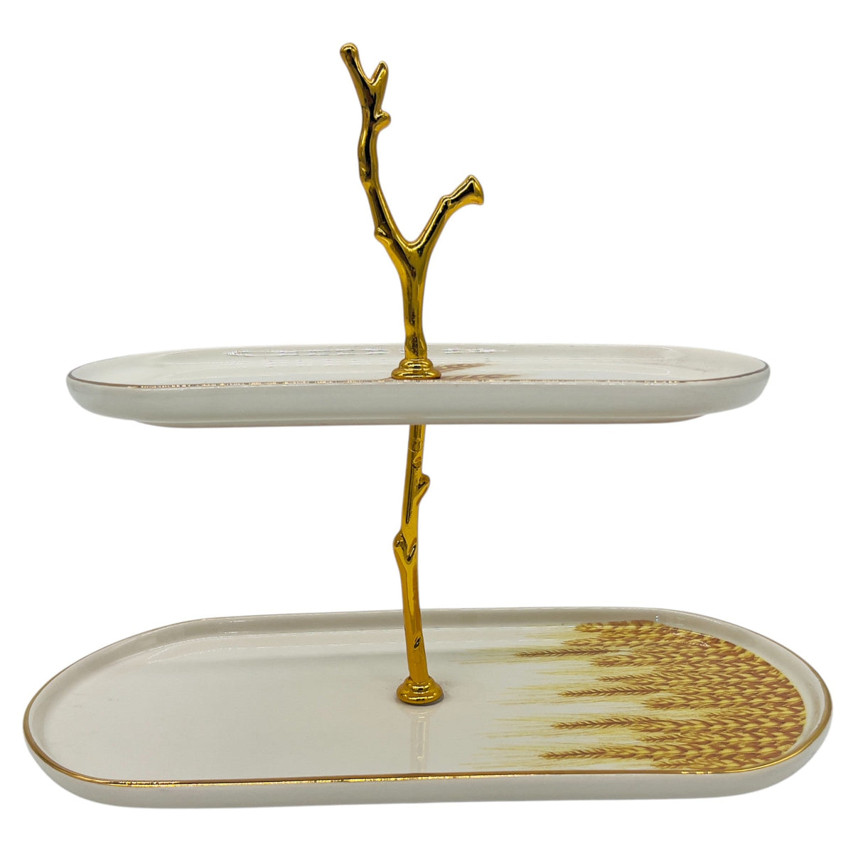 Glore Ceramic 2 - Tier Candy Tray 27cm*13.5cm*22cm, White - Gold - Wheat Pattern - Al Kabayel Discount CentreGlore Ceramic 2 - Tier Candy Tray 27cm*13.5cm*22cm, White - Gold - Wheat PatternServing TraysGLOREAl Kabayel Discount Centre
