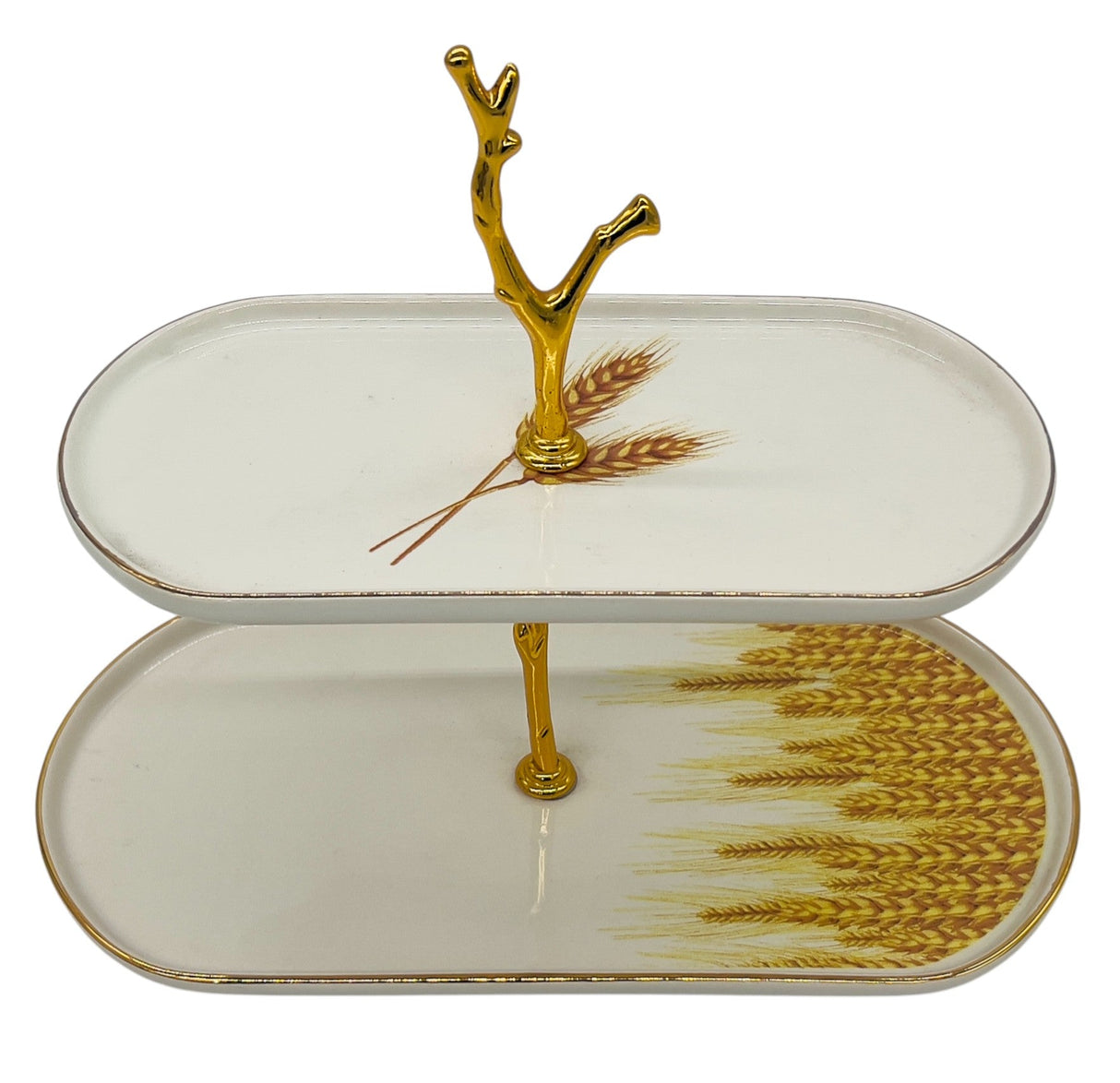 Glore Ceramic 2 - Tier Candy Tray 27cm*13.5cm*22cm, White - Gold - Wheat Pattern - Al Kabayel Discount CentreGlore Ceramic 2 - Tier Candy Tray 27cm*13.5cm*22cm, White - Gold - Wheat PatternServing TraysGLOREAl Kabayel Discount Centre