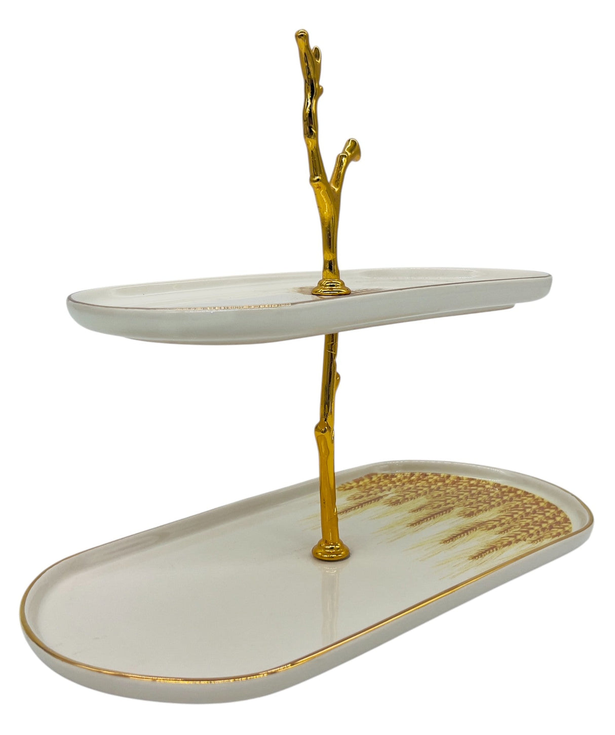 Glore Ceramic 2 - Tier Candy Tray 27cm*13.5cm*22cm, White - Gold - Wheat Pattern - Al Kabayel Discount CentreGlore Ceramic 2 - Tier Candy Tray 27cm*13.5cm*22cm, White - Gold - Wheat PatternServing TraysGLOREAl Kabayel Discount Centre