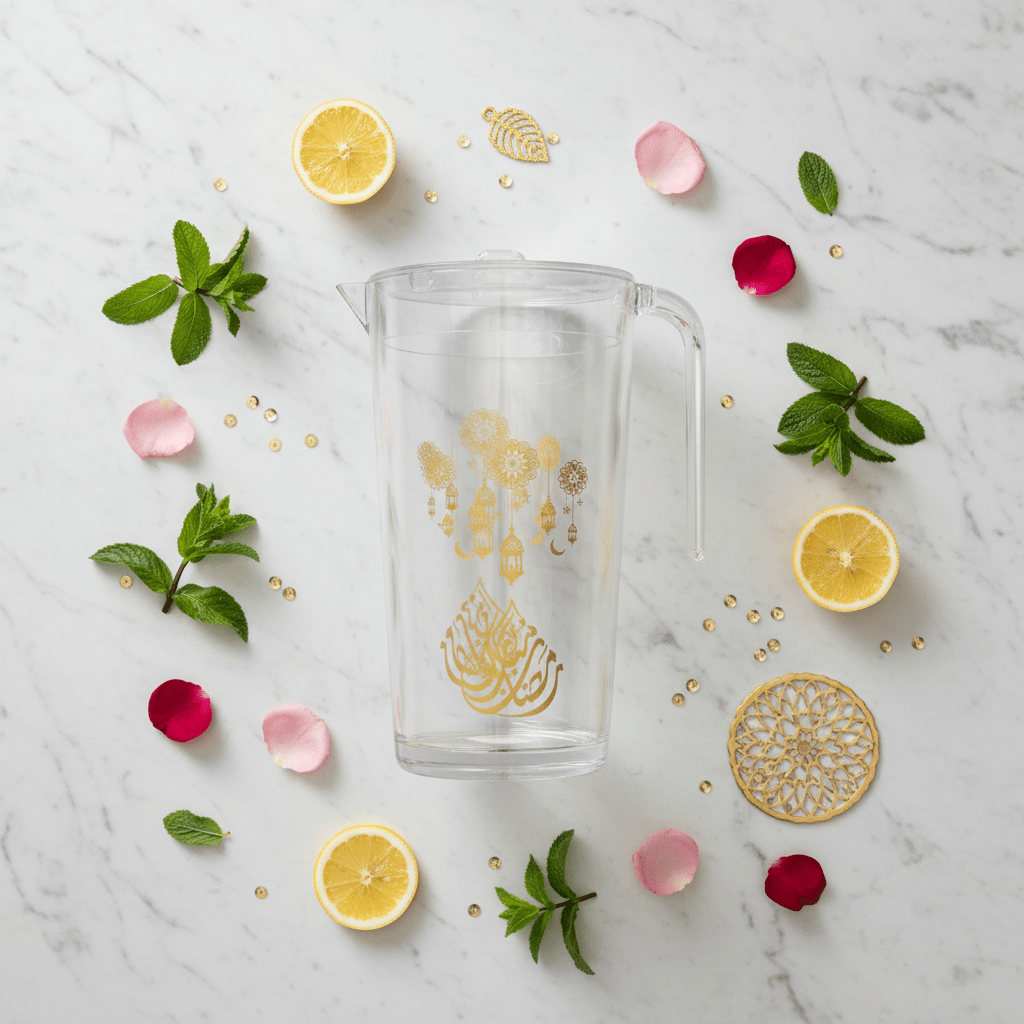 Glow Premium Clear Acrylic Jug with Elegant Gold Arabic Calligraphy & Hanging Lantern Artwork – 2 Litre - Al Kabayel Discount CentreGlow Premium Clear Acrylic Jug with Elegant Gold Arabic Calligraphy & Hanging Lantern Artwork – 2 LitreJugsAKDCAl Kabayel Discount Centre