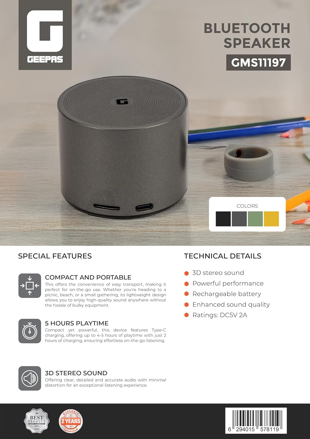 GMS11197 HiFi Portable Bluetooth Speaker – 3D Stereo, USB‑C, 5 H Playtime, Compact & Powerful (Assorted Colors) - Al Kabayel Discount CentreGMS11197 HiFi Portable Bluetooth Speaker – 3D Stereo, USB‑C, 5 H Playtime, Compact & Powerful (Assorted Colors)Electronic AppliancesGEEPASAl Kabayel Discount Centre