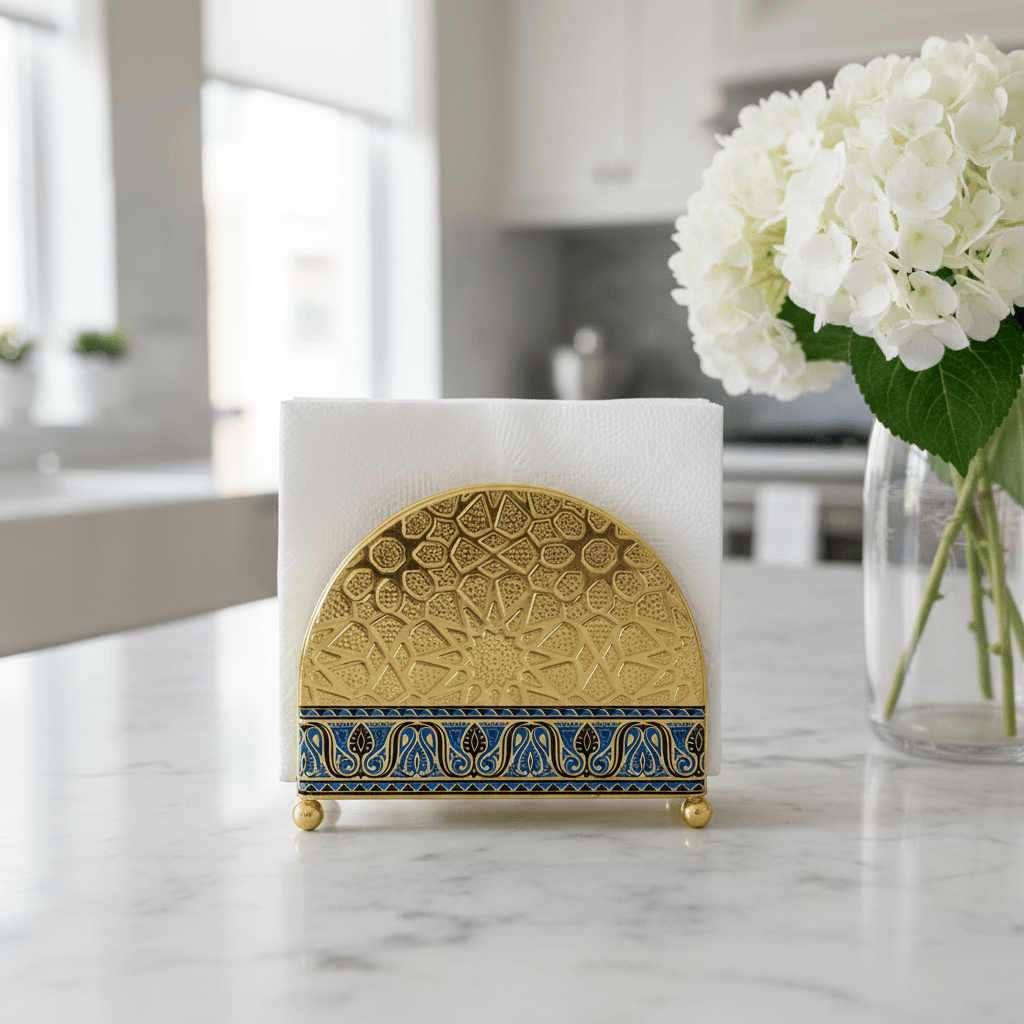 Gold & Blue Enamel Metal Napkin Holder with Geometric Pattern | Decorative Table Organiser | 10×13cm | Majlis & Fine Dining Décor - Al Kabayel Discount CentreGold & Blue Enamel Metal Napkin Holder with Geometric Pattern | Decorative Table Organiser | 10×13cm | Majlis & Fine Dining DécorOrganizers & AccessoriesAKDCAl Kabayel Discount Centre