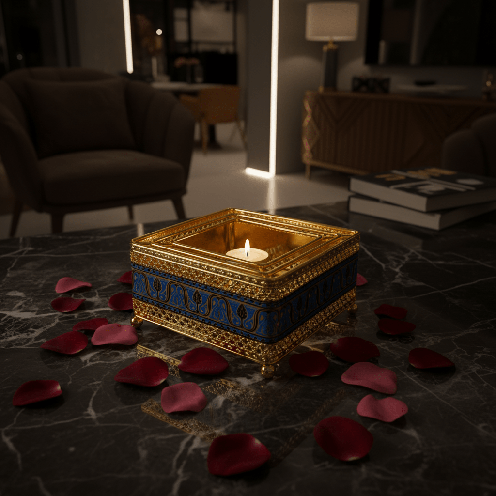 Gold & Blue Square Metal Candle Warmer | Ornate Filigree Design | 14×6cm | Luxury Home Décor Gift - Al Kabayel Discount CentreGold & Blue Square Metal Candle Warmer | Ornate Filigree Design | 14×6cm | Luxury Home Décor GiftOrganizers & AccessoriesAKDCAl Kabayel Discount Centre