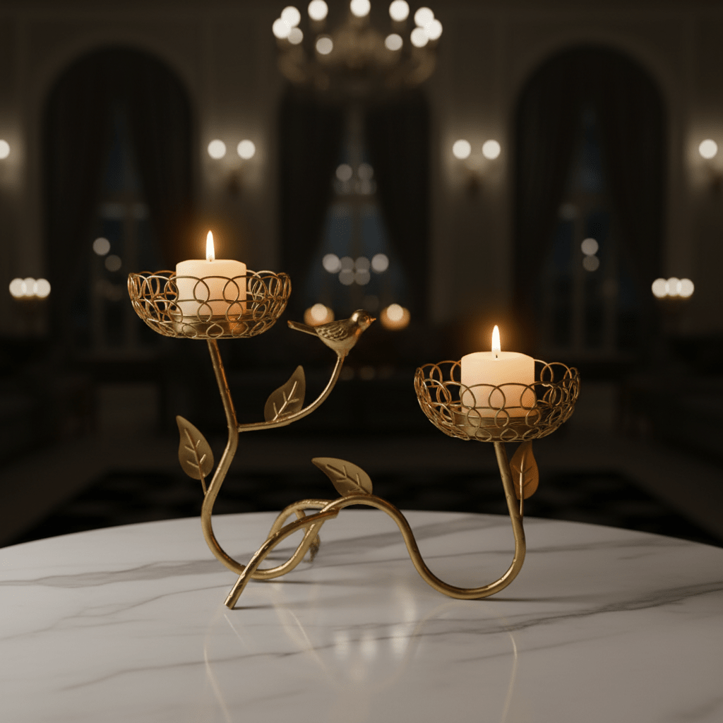 Golden Bird & Vine Double Candle Holder | Luxury Gold Metal Wire Centerpiece | 25×18cm - Al Kabayel Discount CentreGolden Bird & Vine Double Candle Holder | Luxury Gold Metal Wire Centerpiece | 25×18cmHome DécorAKDCAl Kabayel Discount Centre