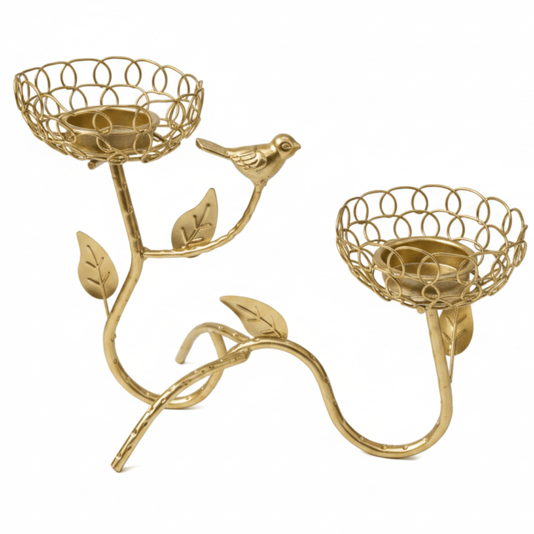Golden Bird & Vine Double Candle Holder | Luxury Gold Metal Wire Centerpiece | 25×18cm - Al Kabayel Discount CentreGolden Bird & Vine Double Candle Holder | Luxury Gold Metal Wire Centerpiece | 25×18cmHome DécorAKDCAl Kabayel Discount Centre