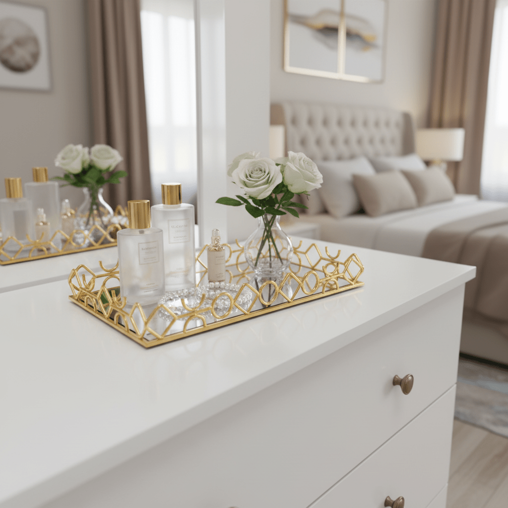 Golden Metal & Glass Mirror Serving Tray Ornate Geometric Lattice Design 44×30cm - Al Kabayel Discount CentreGolden Metal & Glass Mirror Serving Tray Ornate Geometric Lattice Design 44×30cmServing TraysAKDCAl Kabayel Discount Centre