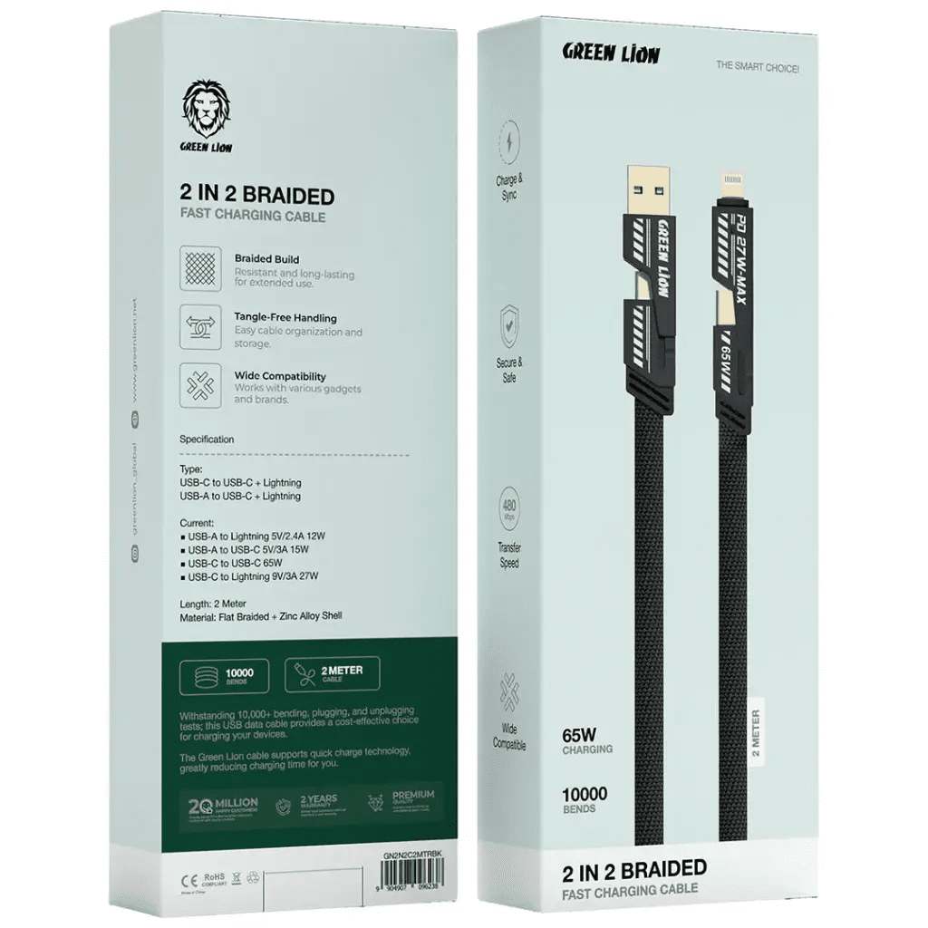 Green Lion 2 - in - 2 Braided Fast Charging Cable, USB - C/USB - A to USB - C/Lightning, 65W Charging, 480Mbps Data Transfer, Durable Cable with Zinc Alloy Shell for iPhone, Android, Laptop, 2 Meter - Black - Al Kabayel Discount CentreGreen Lion 2 - in - 2 Braided Fast Charging Cable, USB - C/USB - A to USB - C/Lightning, 65W Charging, 480Mbps Data Transfer, Durable Cable with Zinc Alloy Shell for iPhone, Android, Laptop, 2 Meter - BlackCords & AdaptersGREEN LIONAl Kabayel Discount Centre