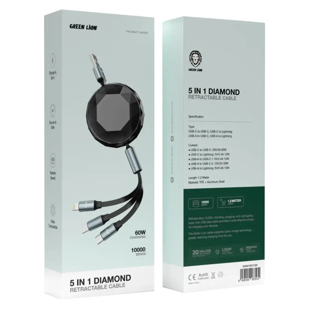 Green Lion 5 - in - 1 Diamond Retractable Cable, USB - C to USB - C, USB - C to Lightning, USB - A to USB - C, USB - A to Lightning, 1.2M Length, 60W Charging, 480Mbps Data Transfer, Black - Al Kabayel Discount CentreGreen Lion 5 - in - 1 Diamond Retractable Cable, USB - C to USB - C, USB - C to Lightning, USB - A to USB - C, USB - A to Lightning, 1.2M Length, 60W Charging, 480Mbps Data Transfer, BlackCords & AdaptersGREEN LIONAl Kabayel Discount Centre