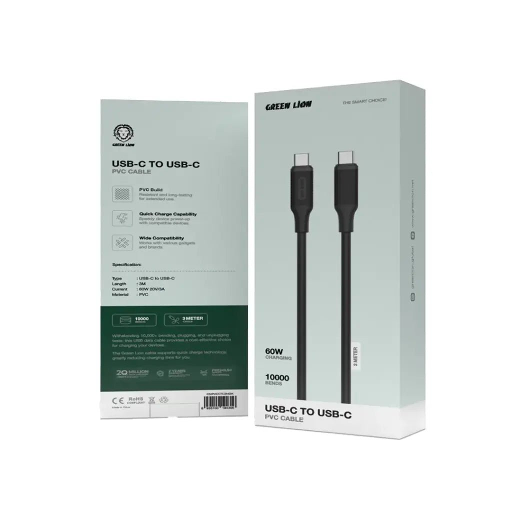 Green Lion 60W USB - C to USB - C PVC Cable 3M, 10000 Bends - Black - Al Kabayel Discount CentreGreen Lion 60W USB - C to USB - C PVC Cable 3M, 10000 Bends - BlackCords & AdaptersGREEN LIONAl Kabayel Discount Centre