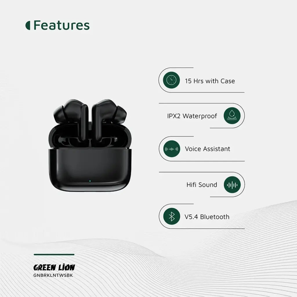 Green Lion Brooklyn True Wireless Earbuds with Voice Assistant, 4 Hours Playtime, Built - in Microphone, HiFi Sound, Touch Control, Dual - Mic - Black - Al Kabayel Discount CentreGreen Lion Brooklyn True Wireless Earbuds with Voice Assistant, 4 Hours Playtime, Built - in Microphone, HiFi Sound, Touch Control, Dual - Mic - BlackElectronic AppliancesGREEN LIONAl Kabayel Discount Centre