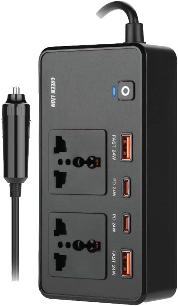 Green Lion Car Power Inverter 200W, 2×AC Universal Sockets, 2×USB - A & 2×USB - C Ports, PD 24W, QC 3.0 Charging, Durable Flame Retardant Material, Fast Charge Car Charger for Laptop, iPhone, Tablet - Al Kabayel Discount CentreGreen Lion Car Power Inverter 200W, 2×AC Universal Sockets, 2×USB - A & 2×USB - C Ports, PD 24W, QC 3.0 Charging, Durable Flame Retardant Material, Fast Charge Car Charger for Laptop, iPhone, TabletCords & AdaptersGREEN LIONAl Kabayel Discount Centre