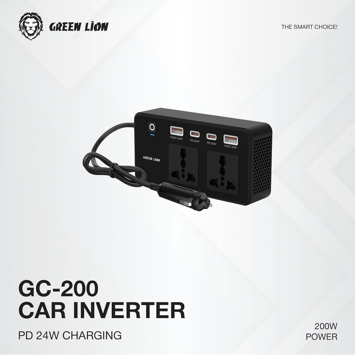 Green Lion Car Power Inverter 200W, 2×AC Universal Sockets, 2×USB - A & 2×USB - C Ports, PD 24W, QC 3.0 Charging, Durable Flame Retardant Material, Fast Charge Car Charger for Laptop, iPhone, Tablet - Al Kabayel Discount CentreGreen Lion Car Power Inverter 200W, 2×AC Universal Sockets, 2×USB - A & 2×USB - C Ports, PD 24W, QC 3.0 Charging, Durable Flame Retardant Material, Fast Charge Car Charger for Laptop, iPhone, TabletCords & AdaptersGREEN LIONAl Kabayel Discount Centre