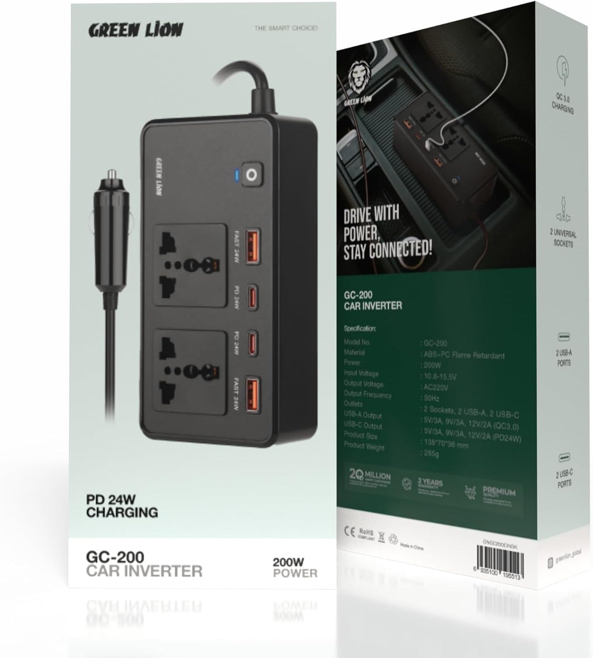 Green Lion Car Power Inverter 200W, 2×AC Universal Sockets, 2×USB - A & 2×USB - C Ports, PD 24W, QC 3.0 Charging, Durable Flame Retardant Material, Fast Charge Car Charger for Laptop, iPhone, Tablet - Al Kabayel Discount CentreGreen Lion Car Power Inverter 200W, 2×AC Universal Sockets, 2×USB - A & 2×USB - C Ports, PD 24W, QC 3.0 Charging, Durable Flame Retardant Material, Fast Charge Car Charger for Laptop, iPhone, TabletCords & AdaptersGREEN LIONAl Kabayel Discount Centre