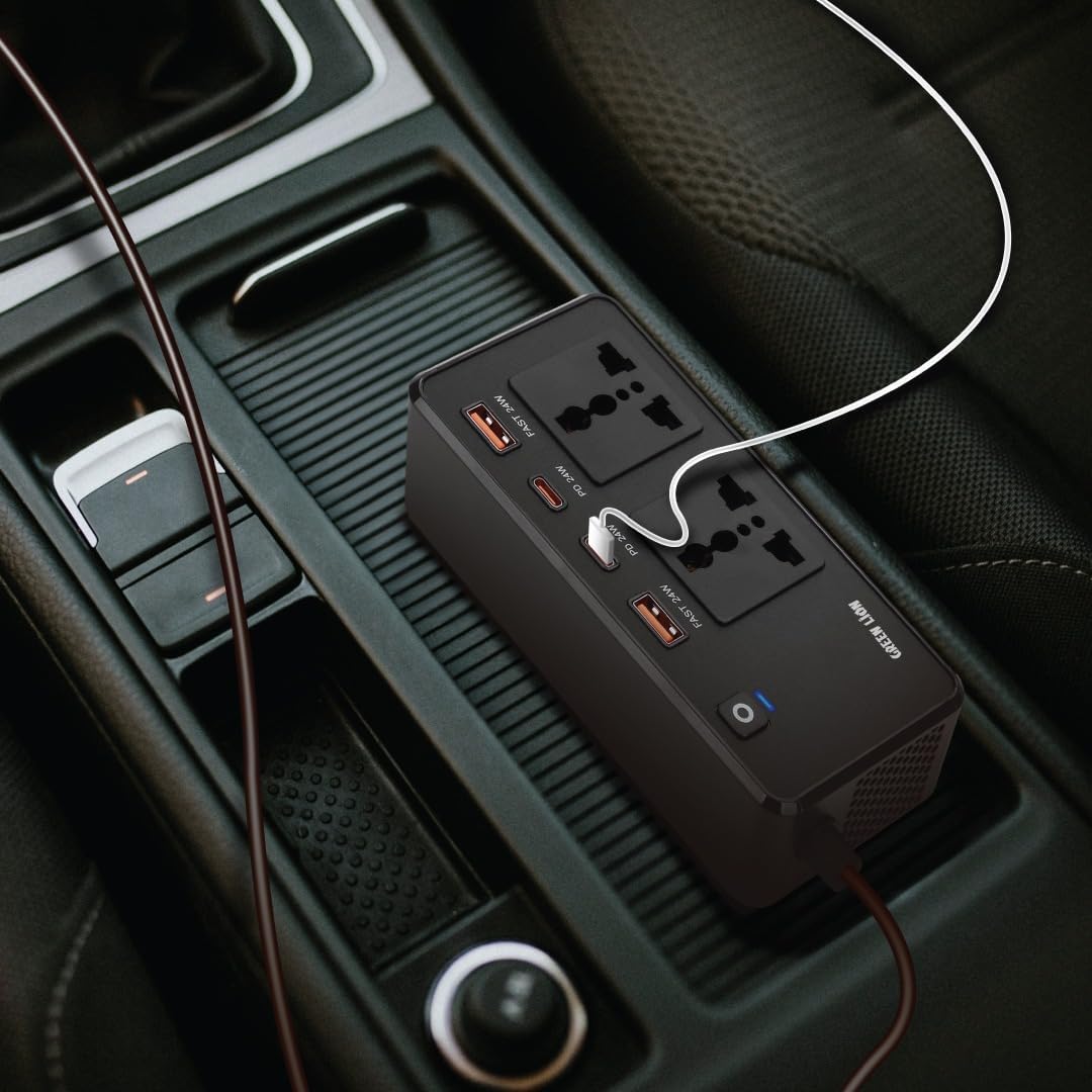 Green Lion Car Power Inverter 200W, 2×AC Universal Sockets, 2×USB - A & 2×USB - C Ports, PD 24W, QC 3.0 Charging, Durable Flame Retardant Material, Fast Charge Car Charger for Laptop, iPhone, Tablet - Al Kabayel Discount CentreGreen Lion Car Power Inverter 200W, 2×AC Universal Sockets, 2×USB - A & 2×USB - C Ports, PD 24W, QC 3.0 Charging, Durable Flame Retardant Material, Fast Charge Car Charger for Laptop, iPhone, TabletCords & AdaptersGREEN LIONAl Kabayel Discount Centre