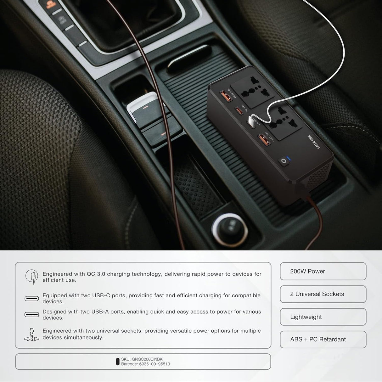 Green Lion Car Power Inverter 200W, 2×AC Universal Sockets, 2×USB - A & 2×USB - C Ports, PD 24W, QC 3.0 Charging, Durable Flame Retardant Material, Fast Charge Car Charger for Laptop, iPhone, Tablet - Al Kabayel Discount CentreGreen Lion Car Power Inverter 200W, 2×AC Universal Sockets, 2×USB - A & 2×USB - C Ports, PD 24W, QC 3.0 Charging, Durable Flame Retardant Material, Fast Charge Car Charger for Laptop, iPhone, TabletCords & AdaptersGREEN LIONAl Kabayel Discount Centre