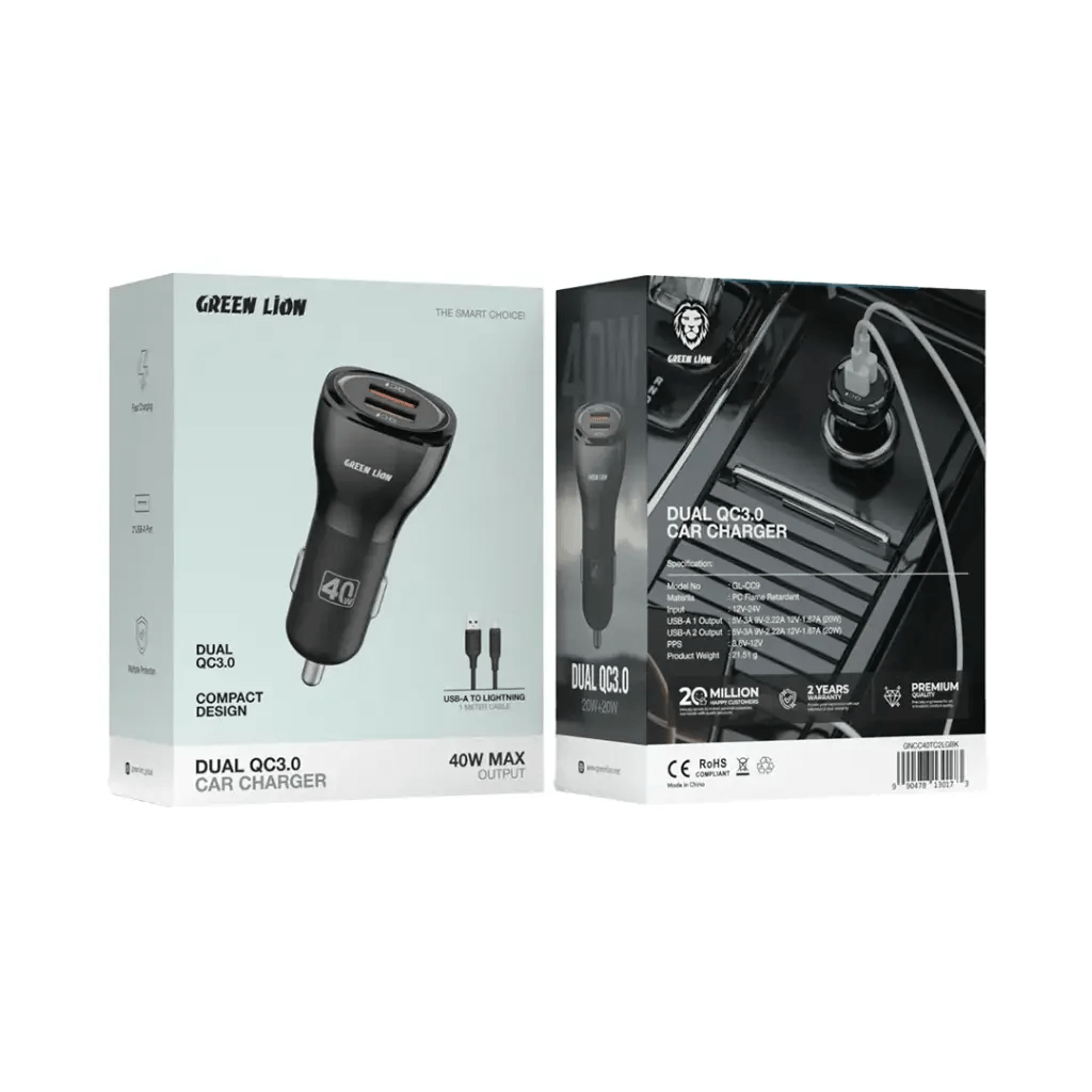 GREEN LION Dual Port Car Charger 40W + USB - A to Lightning Cable, 1meter Length - Al Kabayel Discount CentreGREEN LION Dual Port Car Charger 40W + USB - A to Lightning Cable, 1meter LengthCords & AdaptersGREEN LIONAl Kabayel Discount Centre