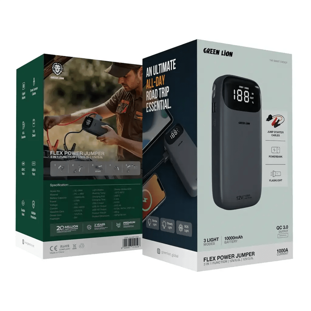 Green Lion Flex Power Jumper and Power Bank 10000mAh QC 3.0 Output - Al Kabayel Discount CentreGreen Lion Flex Power Jumper and Power Bank 10000mAh QC 3.0 OutputCords & AdaptersGREEN LIONAl Kabayel Discount Centre