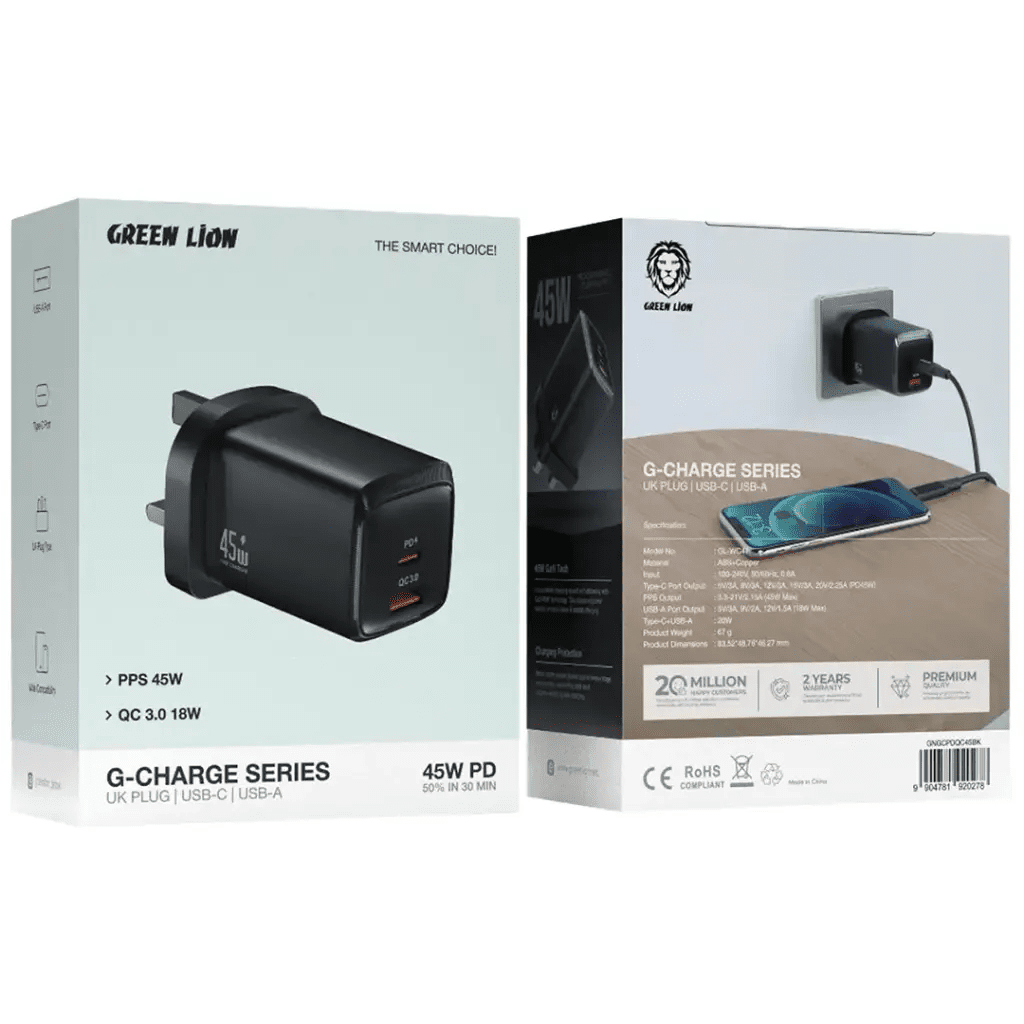 Green Lion G - Charge Series Dual Port Wall Charger 45W UK Plug with 1m USB - C to USB - C Cable, QC3.0 18W - Black - Al Kabayel Discount CentreGreen Lion G - Charge Series Dual Port Wall Charger 45W UK Plug with 1m USB - C to USB - C Cable, QC3.0 18W - BlackCords & AdaptersGREEN LIONAl Kabayel Discount Centre