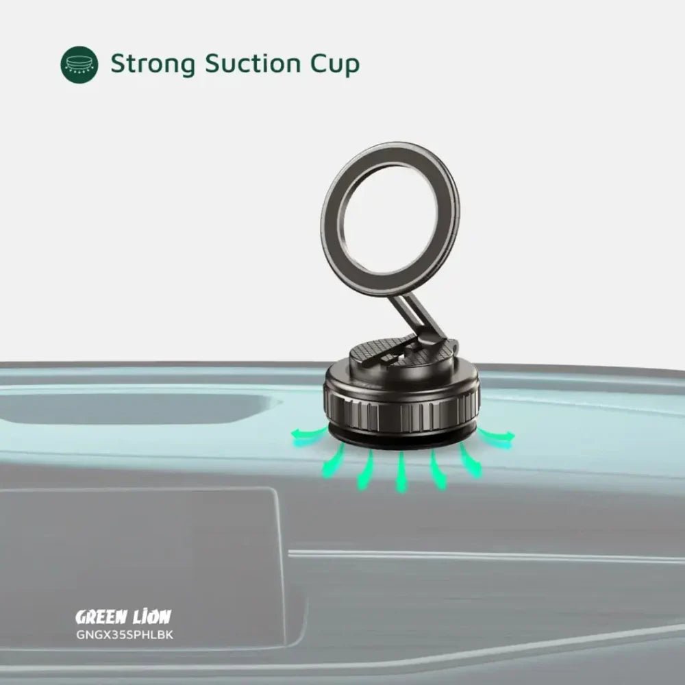 Green Lion GX - 35 Suction Phone Holder with 360 Rotation, Upgraded Magnetic Force, Zinc Alloy Arm, Compatible with MagSafe Strong Suction, Foldable Design, 3 - Axis Adjustment - Black - Al Kabayel Discount CentreGreen Lion GX - 35 Suction Phone Holder with 360 Rotation, Upgraded Magnetic Force, Zinc Alloy Arm, Compatible with MagSafe Strong Suction, Foldable Design, 3 - Axis Adjustment - BlackMobile AccessoriesGREEN LIONAl Kabayel Discount Centre