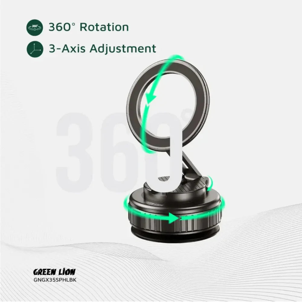 Green Lion GX - 35 Suction Phone Holder with 360 Rotation, Upgraded Magnetic Force, Zinc Alloy Arm, Compatible with MagSafe Strong Suction, Foldable Design, 3 - Axis Adjustment - Black - Al Kabayel Discount CentreGreen Lion GX - 35 Suction Phone Holder with 360 Rotation, Upgraded Magnetic Force, Zinc Alloy Arm, Compatible with MagSafe Strong Suction, Foldable Design, 3 - Axis Adjustment - BlackMobile AccessoriesGREEN LIONAl Kabayel Discount Centre
