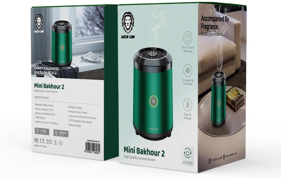Green Lion Mini Bakhour 2 Incense Burner, Auto Off Feature, Type - C Charging, Compact & Portable, 10 - 15 Times Working Capacity, Accompanied by Fragrance, 2000mAh Battery (Green) - Al Kabayel Discount CentreGreen Lion Mini Bakhour 2 Incense Burner, Auto Off Feature, Type - C Charging, Compact & Portable, 10 - 15 Times Working Capacity, Accompanied by Fragrance, 2000mAh Battery (Green)Incense BurnerGREEN LIONAl Kabayel Discount Centre