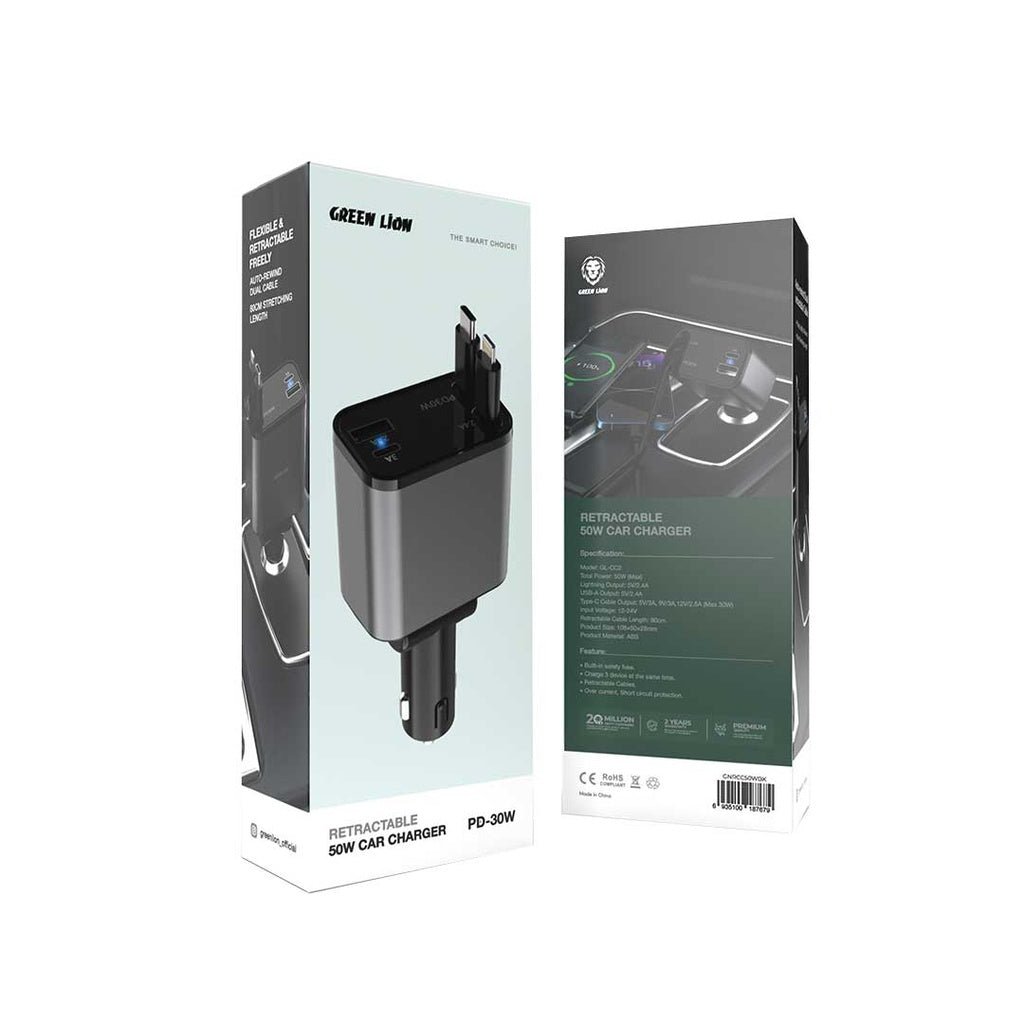 Green Lion Retractable 50W Car Charger, 30W Max USB - C Cable Output, 80cm Cable Length, Digital Display, 180° Adjustable Angle, Compact Design for Flexible In - Car Charging - Al Kabayel Discount CentreGreen Lion Retractable 50W Car Charger, 30W Max USB - C Cable Output, 80cm Cable Length, Digital Display, 180° Adjustable Angle, Compact Design for Flexible In - Car ChargingCords & AdaptersGREEN LIONAl Kabayel Discount Centre