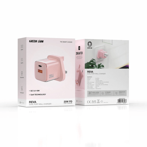 Green Lion Reva Dual Port Wall Charger 20W PD Fast Charge, QC 3.0 18W, Pink - Al Kabayel Discount CentreGreen Lion Reva Dual Port Wall Charger 20W PD Fast Charge, QC 3.0 18W, PinkCords & AdaptersGREEN LIONAl Kabayel Discount Centre
