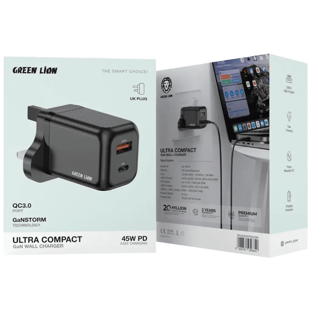 Green Lion Ultra Compact GaN 45W Wall Charger with 1m USB - C to USB - C Cable, QC3.0 Port - Black - Al Kabayel Discount CentreGreen Lion Ultra Compact GaN 45W Wall Charger with 1m USB - C to USB - C Cable, QC3.0 Port - BlackCords & AdaptersGREEN LIONAl Kabayel Discount Centre