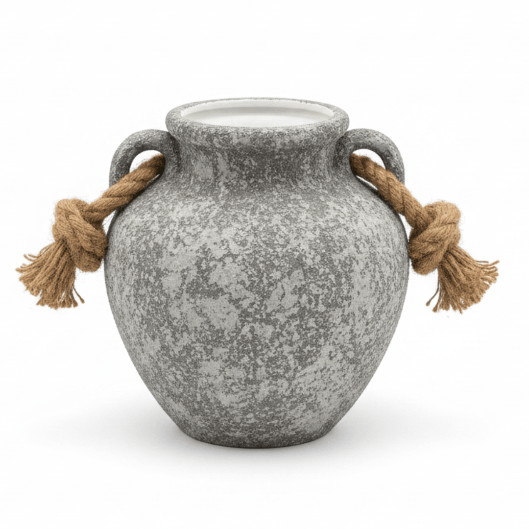 Grey Ceramic Vase with Jute Rope Handles | Speckled Stone Finish | Luxury Home Décor | 20cm - Al Kabayel Discount CentreGrey Ceramic Vase with Jute Rope Handles | Speckled Stone Finish | Luxury Home Décor | 20cmHome Décor AccentsAKDCAl Kabayel Discount Centre