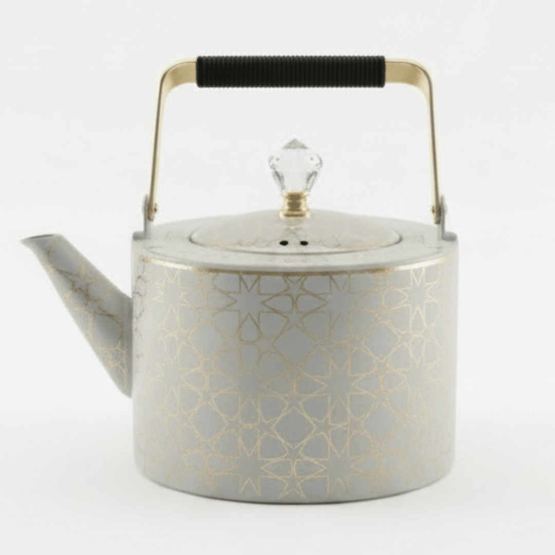Grey & Gold Metal Kettle – 2 Litre | Elegant Crystal Lid Knob | Geometric Engraved Luxury Tea Kettle for Arabic Hospitality & Gifting - Al Kabayel Discount CentreGrey & Gold Metal Kettle – 2 Litre | Elegant Crystal Lid Knob | Geometric Engraved Luxury Tea Kettle for Arabic Hospitality & GiftingTea/Coffee PotsAKDCAl Kabayel Discount Centre