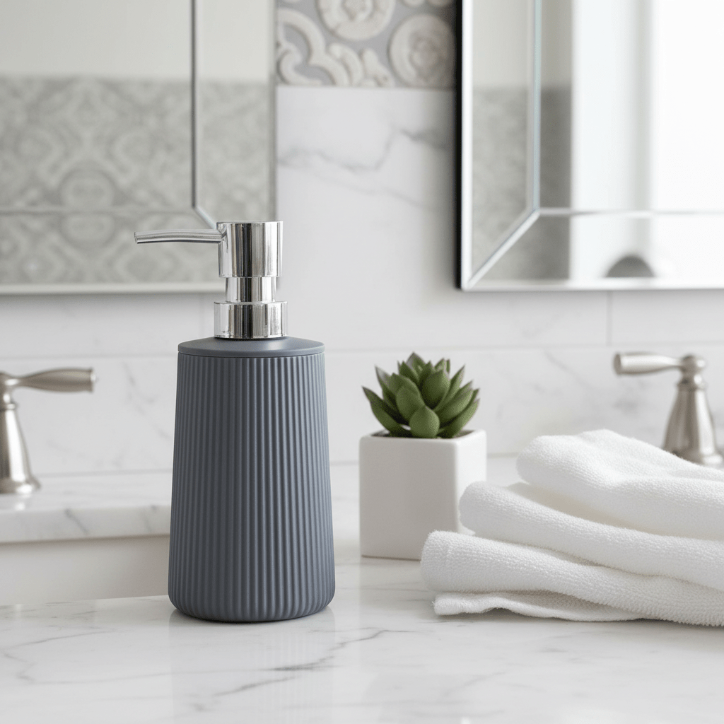 Grey Plastic Ribbed Soap Dispenser with Chrome Pump – 400ml - Al Kabayel Discount CentreGrey Plastic Ribbed Soap Dispenser with Chrome Pump – 400mlHolders & DispensersAKDCAl Kabayel Discount Centre
