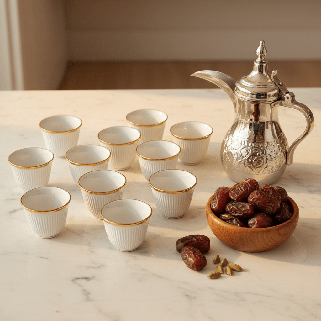 Hafit Premium White Ceramic Arabic Cawa Coffee Cups Set of 12 Gold Rim Unique Design Large Size 100 ml - Al Kabayel Discount CentreHafit Premium White Ceramic Arabic Cawa Coffee Cups Set of 12 Gold Rim Unique Design Large Size 100 mlTea CupsHAFITAl Kabayel Discount Centre