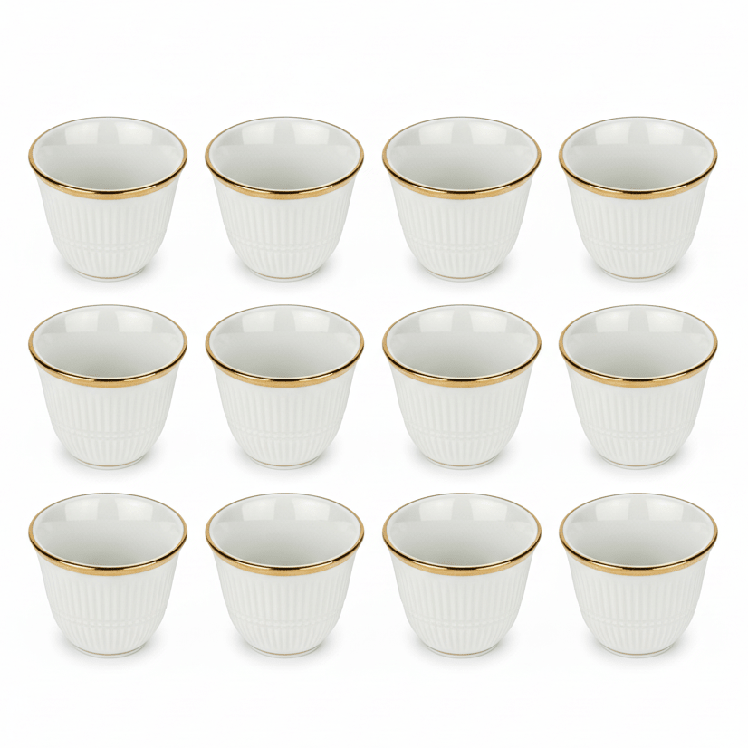 Hafit Premium White Ceramic Arabic Cawa Coffee Cups Set of 12 Gold Rim Unique Design Large Size 100 ml - Al Kabayel Discount CentreHafit Premium White Ceramic Arabic Cawa Coffee Cups Set of 12 Gold Rim Unique Design Large Size 100 mlTea CupsHAFITAl Kabayel Discount Centre