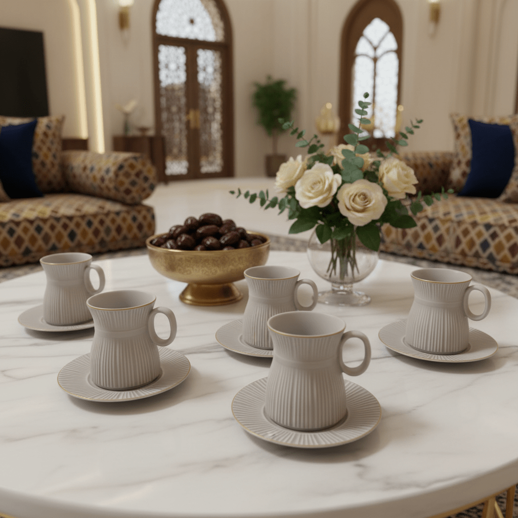 Hamid 12-Piece Ceramic Cup & Saucer Set – Light Gray with Gold Rim | 6 Cups & 6 Saucers - Al Kabayel Discount CentreHamid 12-Piece Ceramic Cup & Saucer Set – Light Gray with Gold Rim | 6 Cups & 6 SaucersTea SetsHAMIDAl Kabayel Discount Centre