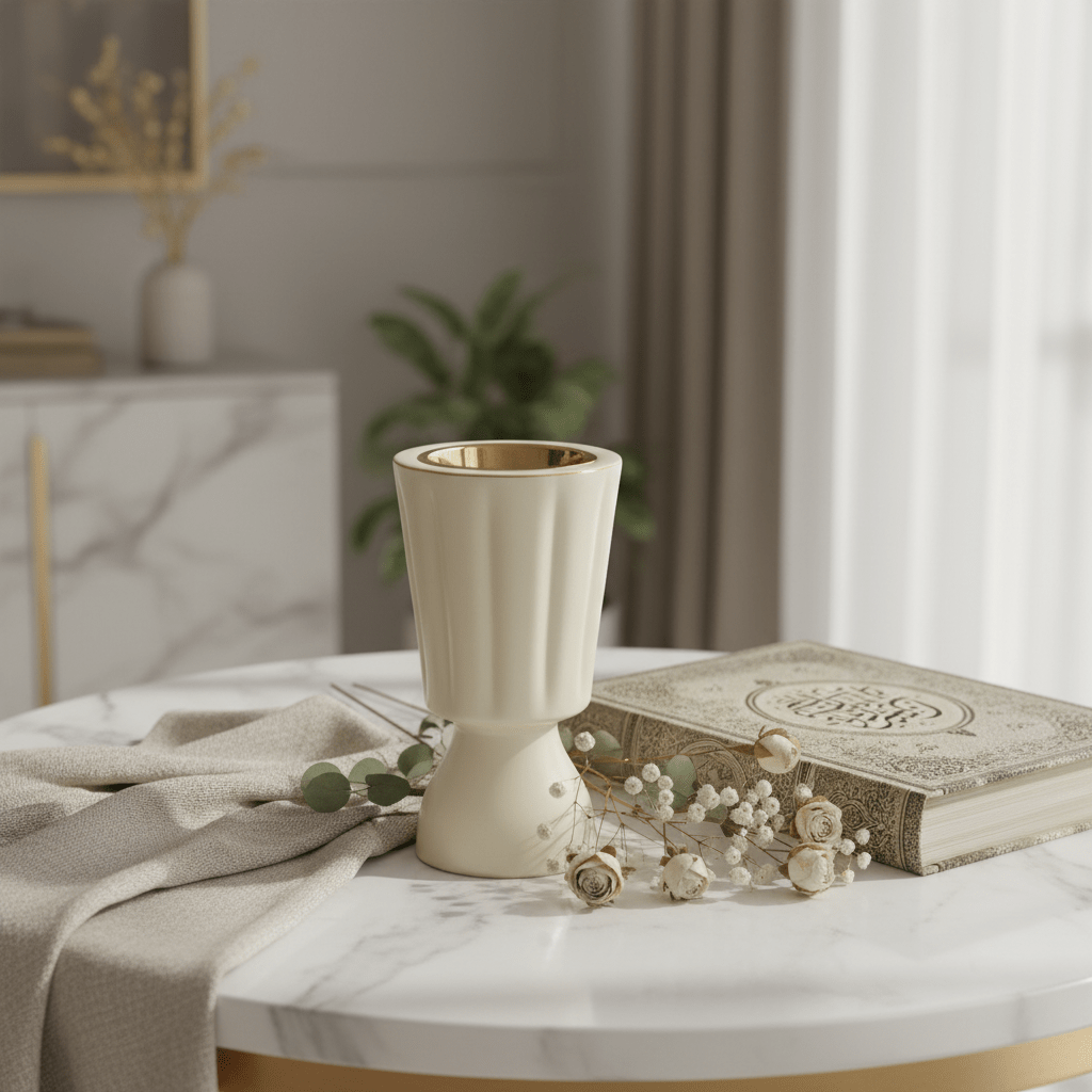 Hamid Ceramic Incense Burner | Ribbed Hourglass Design with Gold Insert | 17cm | Off-White & Beige - Al Kabayel Discount CentreHamid Ceramic Incense Burner | Ribbed Hourglass Design with Gold Insert | 17cm | Off-White & BeigeIncense BurnerHAMIDAl Kabayel Discount Centre