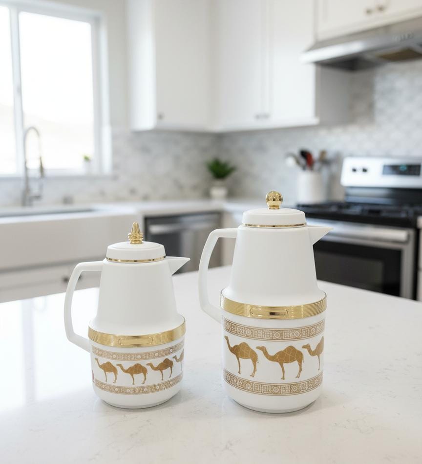 Hamid Double Set Vacuum Flask 0.7L & 1.0L – Elegant White with Gold and Camel Print Design for National Celebrations - Al Kabayel Discount CentreHamid Double Set Vacuum Flask 0.7L & 1.0L – Elegant White with Gold and Camel Print Design for National CelebrationsThermosHAMIDAl Kabayel Discount Centre
