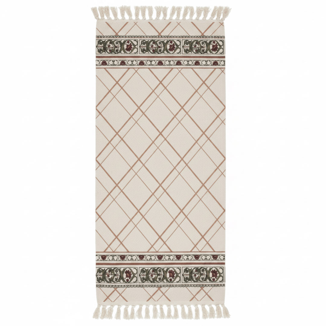 Handcrafted Diamond Lattice Runner Carpet | 50% Cotton 50% Polyester | Fringe Border Rug | 60 x 180 cm | Cream Beige | Majlis, Hallway & Bedroom Décor - Al Kabayel Discount CentreHandcrafted Diamond Lattice Runner Carpet | 50% Cotton 50% Polyester | Fringe Border Rug | 60 x 180 cm | Cream Beige | Majlis, Hallway & Bedroom DécorDoormatsAKDCAl Kabayel Discount Centre