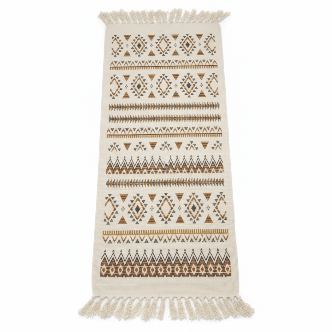 Handcrafted Moroccan Berber Flat Weave Runner Carpet | Geometric Tribal Pattern | 50% Cotton 50% Polyester | 60×180 cm | Cream White with Brown & Gold Motifs - Al Kabayel Discount CentreHandcrafted Moroccan Berber Flat Weave Runner Carpet | Geometric Tribal Pattern | 50% Cotton 50% Polyester | 60×180 cm | Cream White with Brown & Gold MotifsDoormatsAKDCAl Kabayel Discount Centre