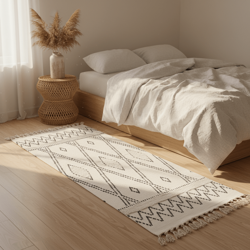 Handcrafted Moroccan Berber Flatweave Carpet | Geometric Diamond & Zigzag Pattern | 50% Cotton 50% Polyester | 60×180 cm | Ivory & Black | - Al Kabayel Discount CentreHandcrafted Moroccan Berber Flatweave Carpet | Geometric Diamond & Zigzag Pattern | 50% Cotton 50% Polyester | 60×180 cm | Ivory & Black |DoormatsAKDCAl Kabayel Discount Centre