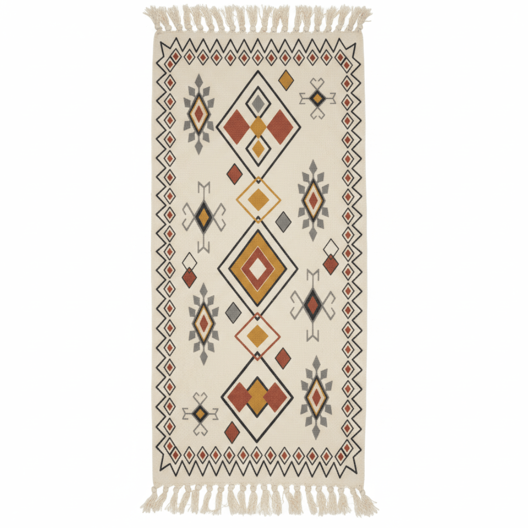 Handwoven Kilim Runner Carpet | Southwestern Geometric Pattern | 50% Cotton 50% Polyester | Fringe Tassels | 60×150 cm | Cream, Terracotta & Gold | Boho, Majlis & Modern Décor - Al Kabayel Discount CentreHandwoven Kilim Runner Carpet | Southwestern Geometric Pattern | 50% Cotton 50% Polyester | Fringe Tassels | 60×150 cm | Cream, Terracotta & Gold | Boho, Majlis & Modern DécorDoormatsAKDCAl Kabayel Discount Centre