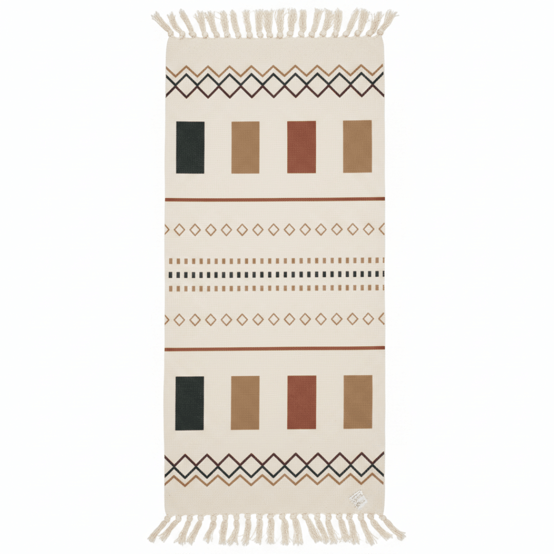 Handwoven Moroccan-Style Geometric Runner Carpet | 50% Cotton 50% Polyester | Cream with Fringe Tassels | 60 x 150 cm - Al Kabayel Discount CentreHandwoven Moroccan-Style Geometric Runner Carpet | 50% Cotton 50% Polyester | Cream with Fringe Tassels | 60 x 150 cmDoormatsAKDCAl Kabayel Discount Centre