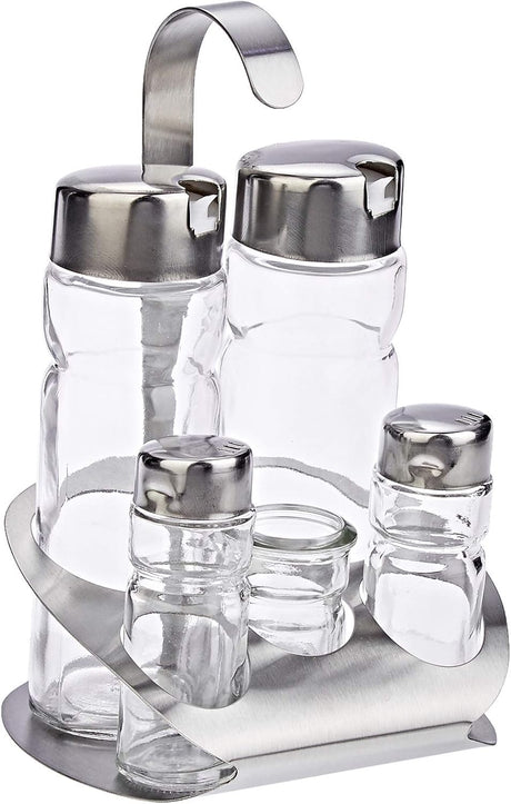 Harmony 83123 Salt And Pepper Shakers And Oil And Vinegar Bottles Set With Metal Stand Set - 5 Pieces - Clear - Al Kabayel Dicount CenterHarmony 83123 Salt And Pepper Shakers And Oil And Vinegar Bottles Set With Metal Stand Set - 5 Pieces - ClearOrganizers & AccessoriesharmonyAl Kabayel Dicount Center