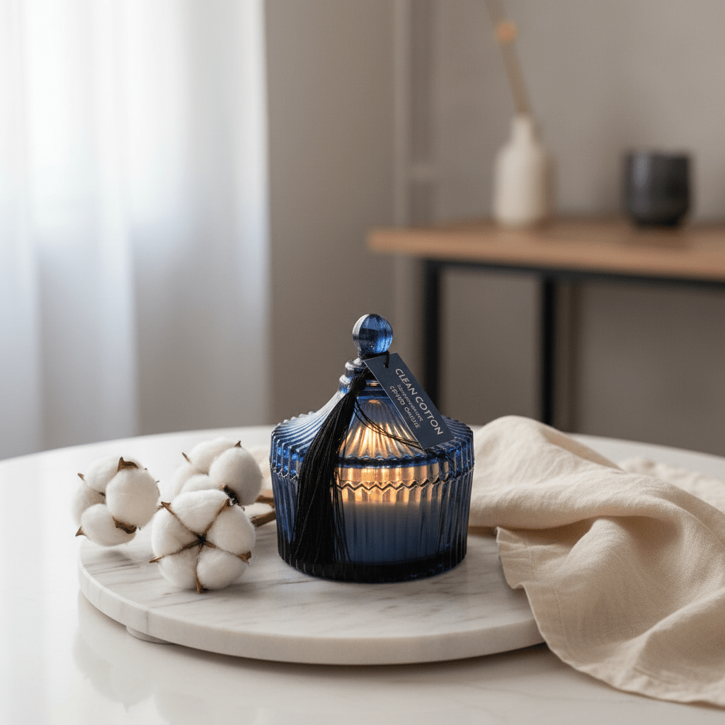 Home Fragrance Clean Cotton Fresh Aroma Scented Candle with Elegant Glass Jar – 10 cm - Al Kabayel Discount CentreHome Fragrance Clean Cotton Fresh Aroma Scented Candle with Elegant Glass Jar – 10 cmHome FragrancesHOME FRAGRANCEAl Kabayel Discount Centre