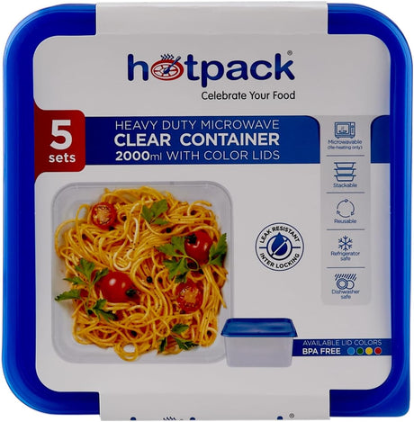 Hotpack Heavy Duty Microwave Clear Container 2000ml with Multicolour Lids, 5 Sets - Al Kabayel Discount CentreHotpack Heavy Duty Microwave Clear Container 2000ml with Multicolour Lids, 5 SetsFood ContainersHOTPACKAl Kabayel Discount Centre