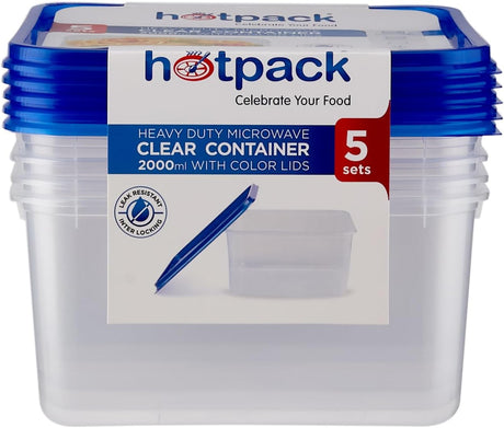 Hotpack Heavy Duty Microwave Clear Container 2000ml with Multicolour Lids, 5 Sets - Al Kabayel Discount CentreHotpack Heavy Duty Microwave Clear Container 2000ml with Multicolour Lids, 5 SetsFood ContainersHOTPACKAl Kabayel Discount Centre