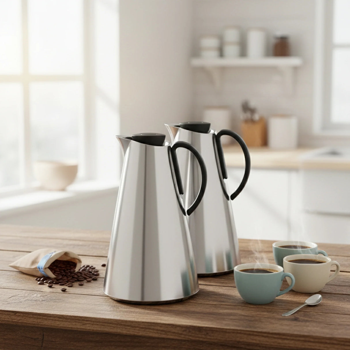 Luhpar HS-2505 Vacuum Flask 2-Piece Set (1.0 L + 1.0 L) – White with Black HandleHS-2502 Vacuum Flask 2-Piece Set (1.0 L + 1.0 L) – Matt Silver with Black Handle