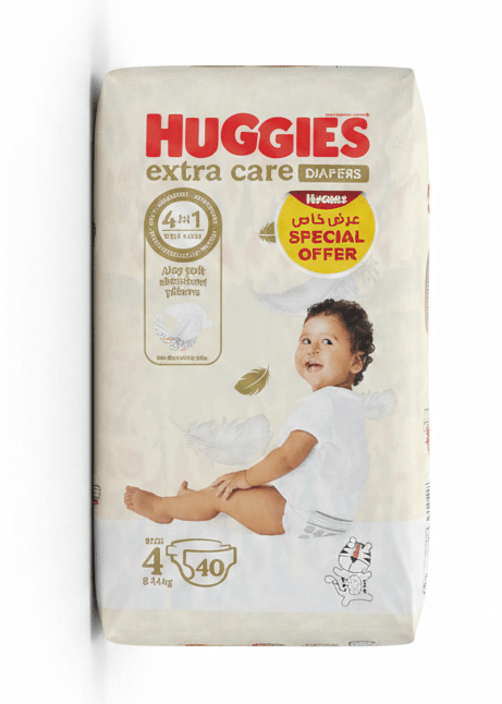 Huggies Extra Care Diapers | Size 4 (8–14 kg) | 40 Pcs | 4 - in - 1 Skin Care | Airy Soft Absorbent Pillows | Dermatologically Tested - Al Kabayel Discount CentreHuggies Extra Care Diapers | Size 4 (8–14 kg) | 40 Pcs | 4 - in - 1 Skin Care | Airy Soft Absorbent Pillows | Dermatologically TestedBaby ProductsHUGGIESAl Kabayel Discount Centre