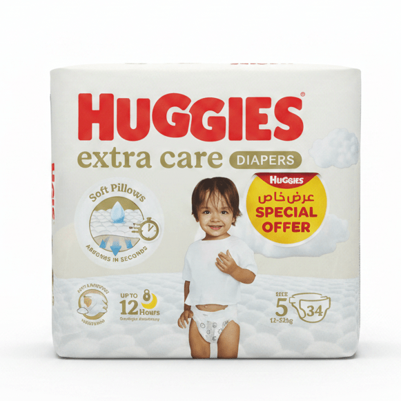 Huggies Extra Care Diapers | Size 5 (12–22 kg) | 34 Pcs | Soft Pillows Technology | Up to 12 Hours Overnight Protection - Al Kabayel Discount CentreHuggies Extra Care Diapers | Size 5 (12–22 kg) | 34 Pcs | Soft Pillows Technology | Up to 12 Hours Overnight ProtectionBaby ProductsHUGGIESAl Kabayel Discount Centre